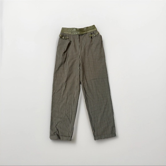 Vintage Alan Austin Olive Pinstripe Pants Size 26 Faux Leather Trim I 100% Wool - Picture 1 of 8
